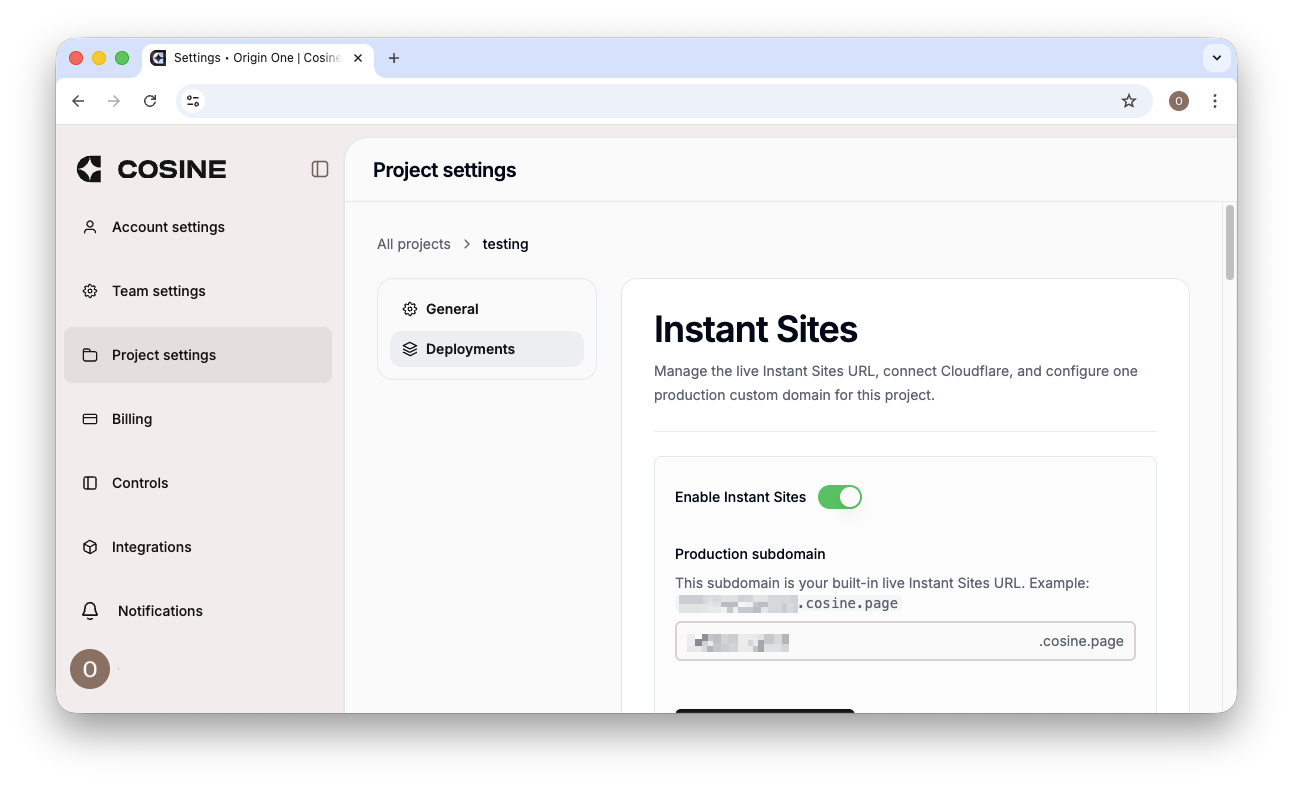 Cosine Cloud project settings showing the Deployments tab for Instant Sites, production subdomain, and custom domain configuration